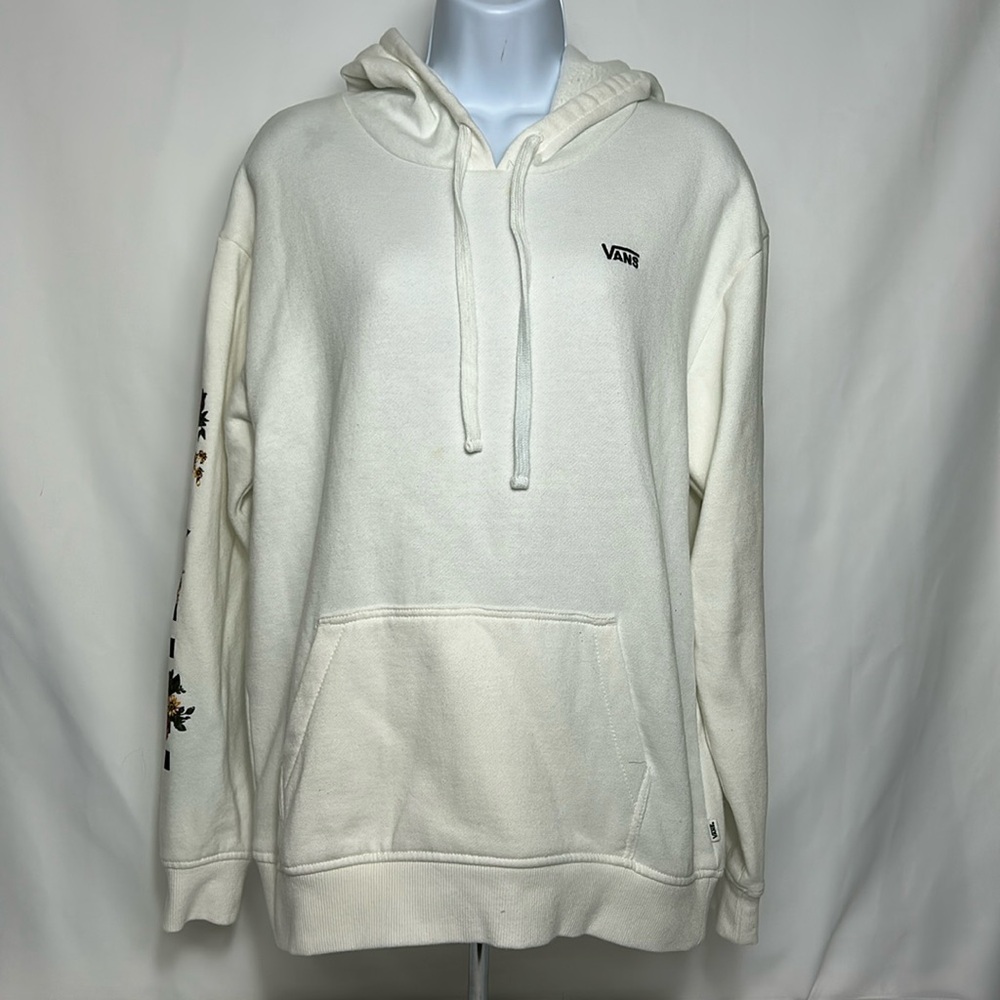Vans Women’s Small White Hoodie Flowers Down Sleeves Surf Style Sweatshirt Top